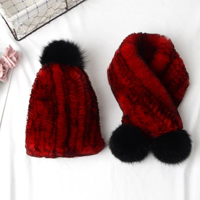 Детская натуральная шапка из меха кролика Рекс, зимний теплый шарф, шапка для детей, вязаные шапочки, шапки с меховыми помпонами - Color: Burgundy
