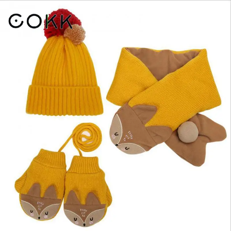 

COKK Children Winter Hat And Scarf With Gloves Knitted Hat With Scarf Velvet Thickening Set Kids Hat & Scarf Cartoon Animals New