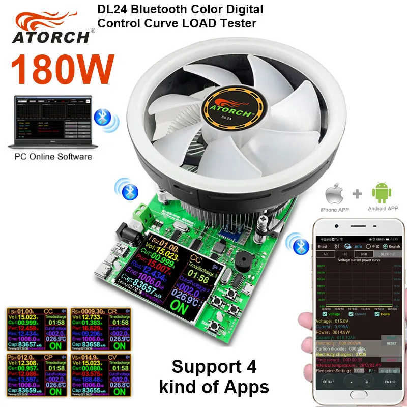 180W DC tester APP electronic load lithium battery capacity monitor discharge charge power meter supply checker + PD/QC Trigger 5