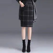 Новая клетчатая юбка осень зима Женская высокая талия прямая трубка посылка хип утолщенная Повседневная длина до колена большого размера плюс M-2XL3XL4XL