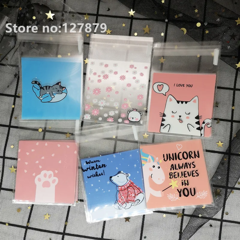 100pcs 7x7cm Cartoon Cat Gifts Bags Cookie Packaging Self-adhesive Plastic Bags For Biscuits Candy Food Cake Package Party Favor
