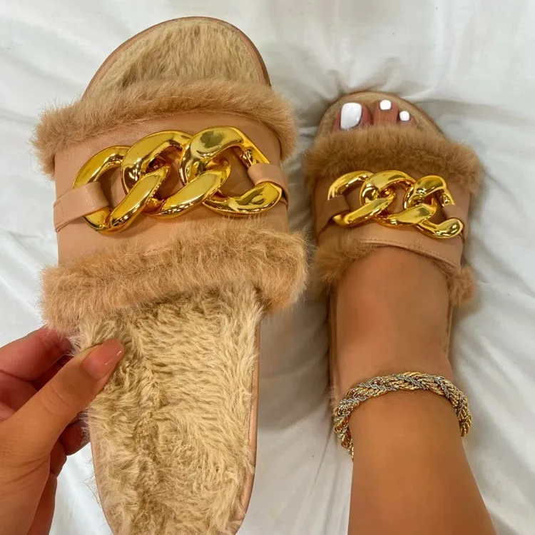 2021 Winter Plush Slippers Fashion Open Toe Solid Color Women's Sandals Metal Chain Outdoor Casual Women's Shoes  Fashion Shoes_voghion.com
