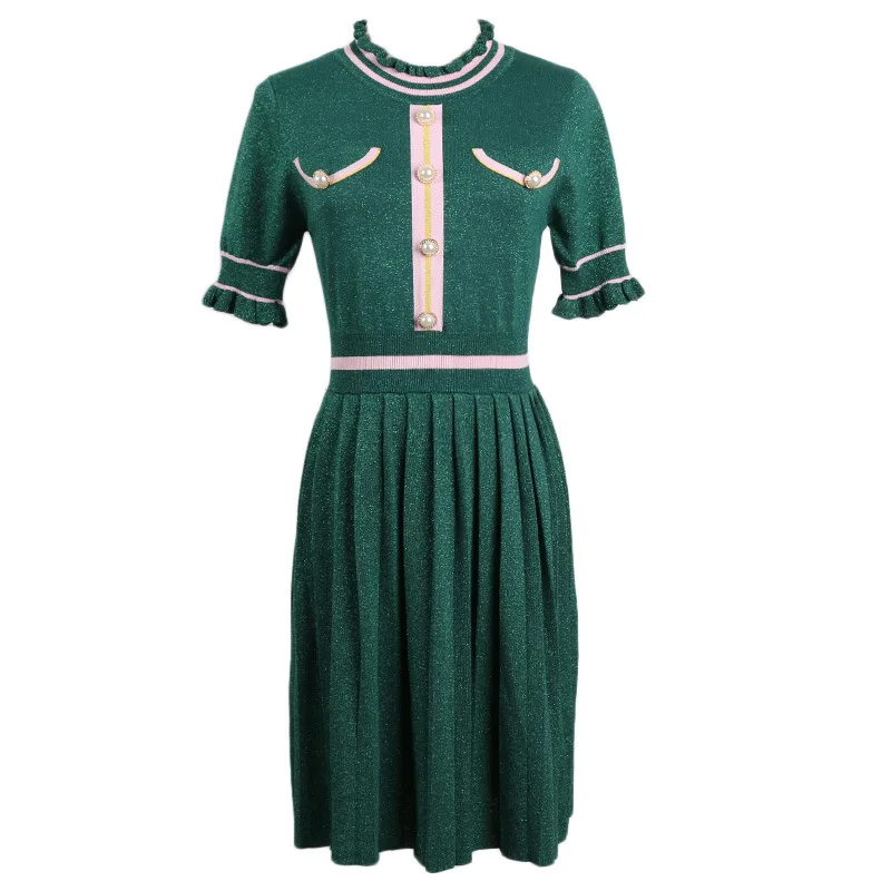 

2019 Luxury Gold Line Shiny Women Green Knitted Dress Runway Pearls Buttons Short Sleeve Female Fall Winter Midi Dresses Clothes