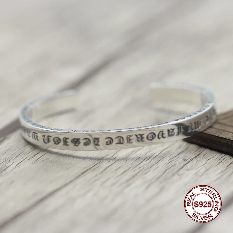 

S925 Men's bracelet in Sterling Silver Personality retro letters open Classic simple punk style Send a gift to love
