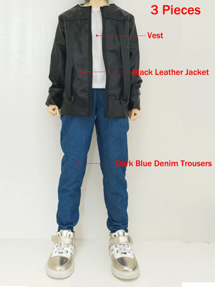 1/6 1/4 1/3 Doll Clothes 3-piece suit vest + black leather jacket dark blue denim trousers Accessories for Boys Girls toy | Игрушки и