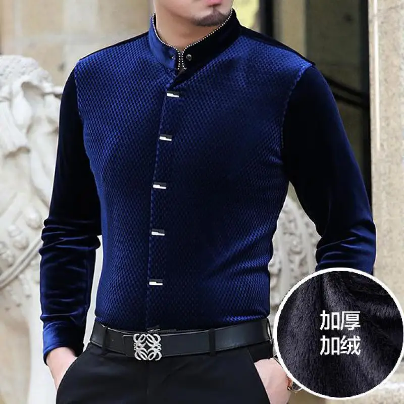 

Elegant Gentleman Velvet Dress Shirts Mandarin Father Collar Social Velour Shirts For Mens Flannel Clothes Husband Senior Purple