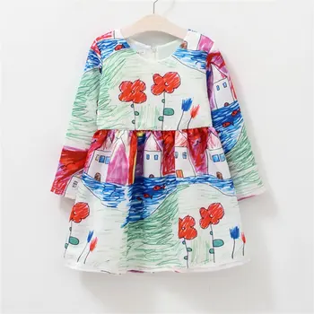 

Autumn Winter Baby Girls Flower Houses Graffiti Printing Round Collar Long Sleeves Princess Dress With Zipper On The Back