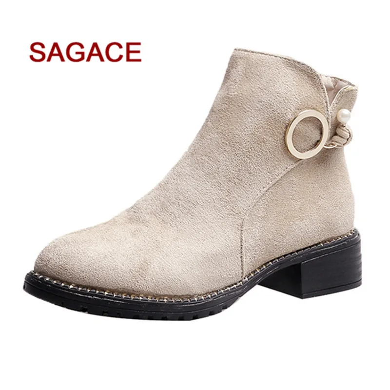 

2019 SAGACE Classic Women Ankle Boots Flock Suqare Heels Zipper Pure Color Short Booties Round Toe Shoes Bota Femenina