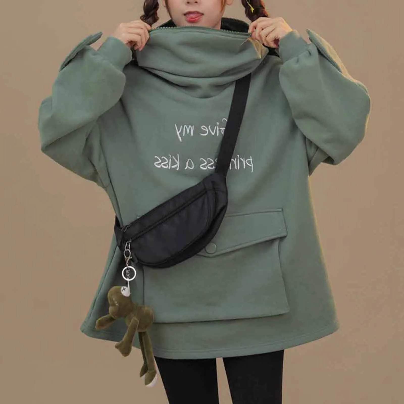 Plus Velvet Sweatshirt Women Hoodies Sweet Japan Top Creative Stitching Three-dimensional Cute Frogs Pullover Pocket Hoodies