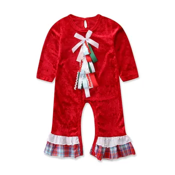 

2020 New Christmas Baby Girls Ribbon Velvet Romper Long Sleeves Infant Newborn Baby Jumpsuit Princess Plush Clothes Xmas Gift