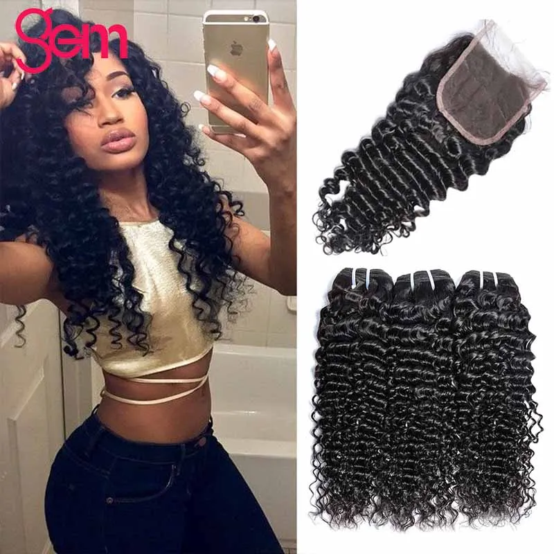 Deep Curly Bundles With Closure Human Hair 3 4 Bundles With Lace