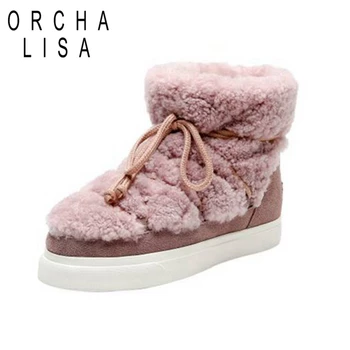 

ORCHA LISA Women Snow Winter's Warm Ankle Boots Cow Suede Round Toe Platform Lace Up Decration Pull On Plush size 34-42 Casual
