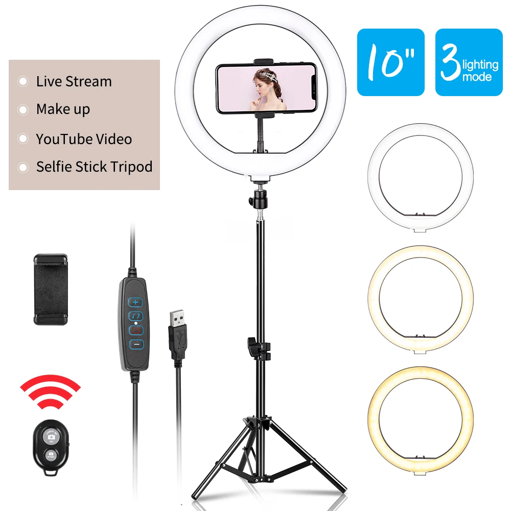 

10inch Mini Selfie Tik Tok LED Video Ring Light Lamp With Tripod Stand For YouTube Phone Live Lighting Photo Photography Studio