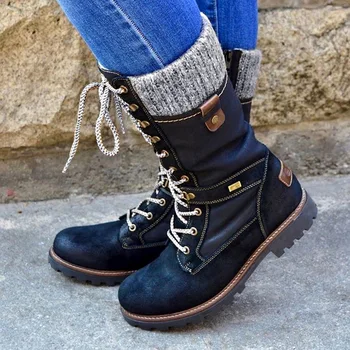 

2020 Winter Boots for Women Mid Calf Boots Woman Round Toe Zipper Sock Platform Boot Female Shoes Warm Lace Up Boots LadiesShoes