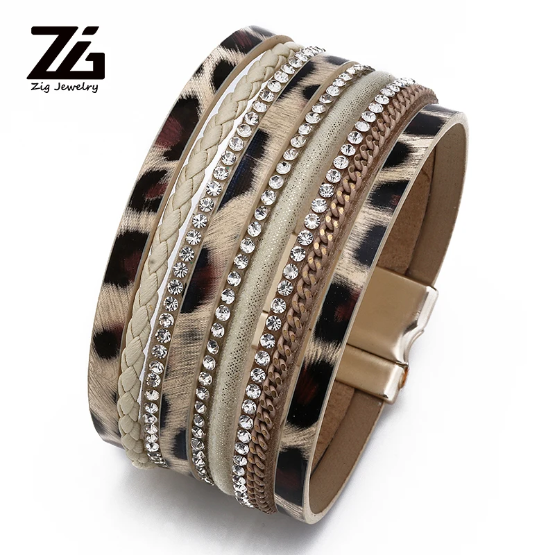 Женский кожаный браслет ZG с леопардовым принтом многослойная цепочка