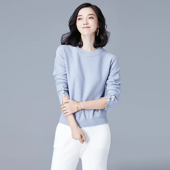 

Pearls Sweater and Pullovers Women 2020 Spring New Drop Shoulder Solid Knitted Round Neck Long Split Sleeve Sweater Jumper Tops