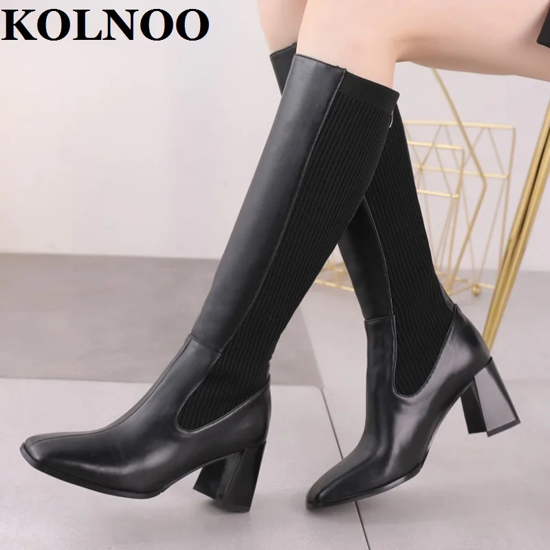 

Kolnoo New Handmade Womens Chunky Heels Boots Geniune Leather Patchwork Party Prom Knee-high Boots Sexy Evening Fashion Shoes