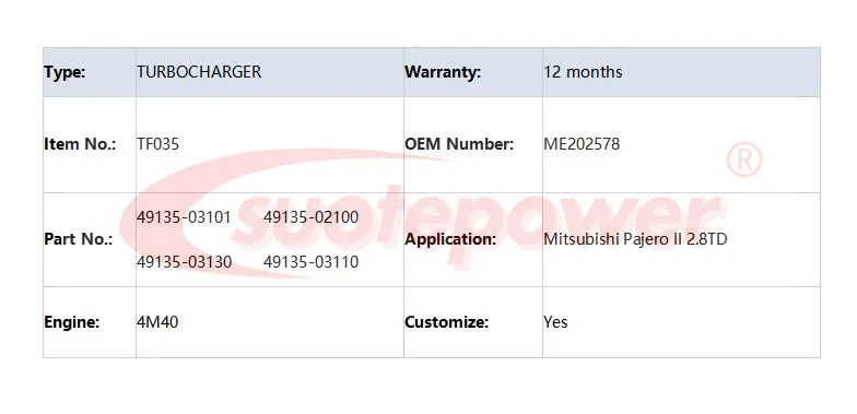 Suotepower Турбокомпрессор TF035 49135-03101 49135-02100 49135-03130 49135-03110 для Mitsubishi Pajero II 2.8TD двигателя 4M40