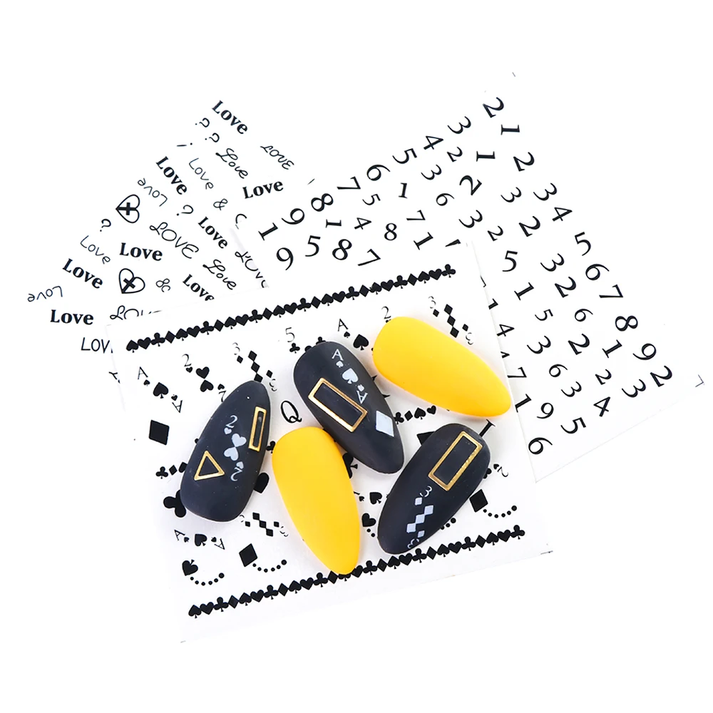 48 шт черно-белые буквы наклейки для ногтей набор в форме сердца игральные карты дизайн переводные наклейки для ногтей Декор татуировки LAB121-144
