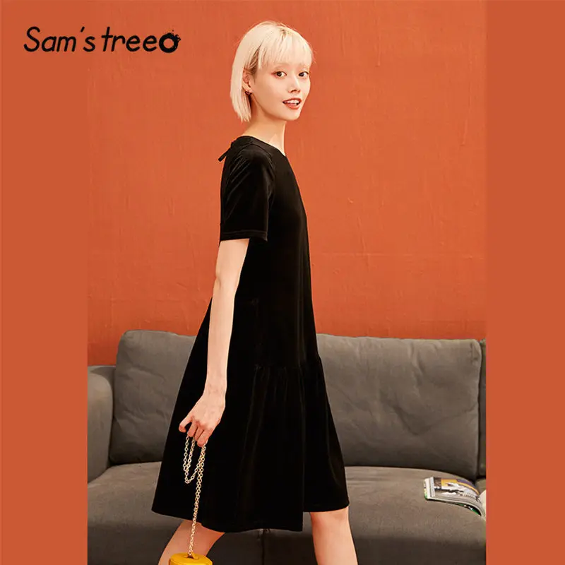 SAM'S TREE/черное однотонное бархатное женское платье на шнуровке, Зимняя мода, чистый короткий рукав, пэтчворк, офисные женские платья на каждый день