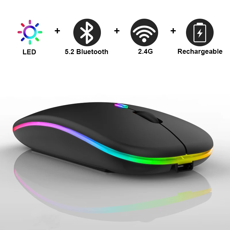 Ratón inalámbrico Bluetooth con USB, Mouse RGB recargable BT5.2 para ordenador portátil, PC, Macbook, 2,4 GHz, 1600DPI 1