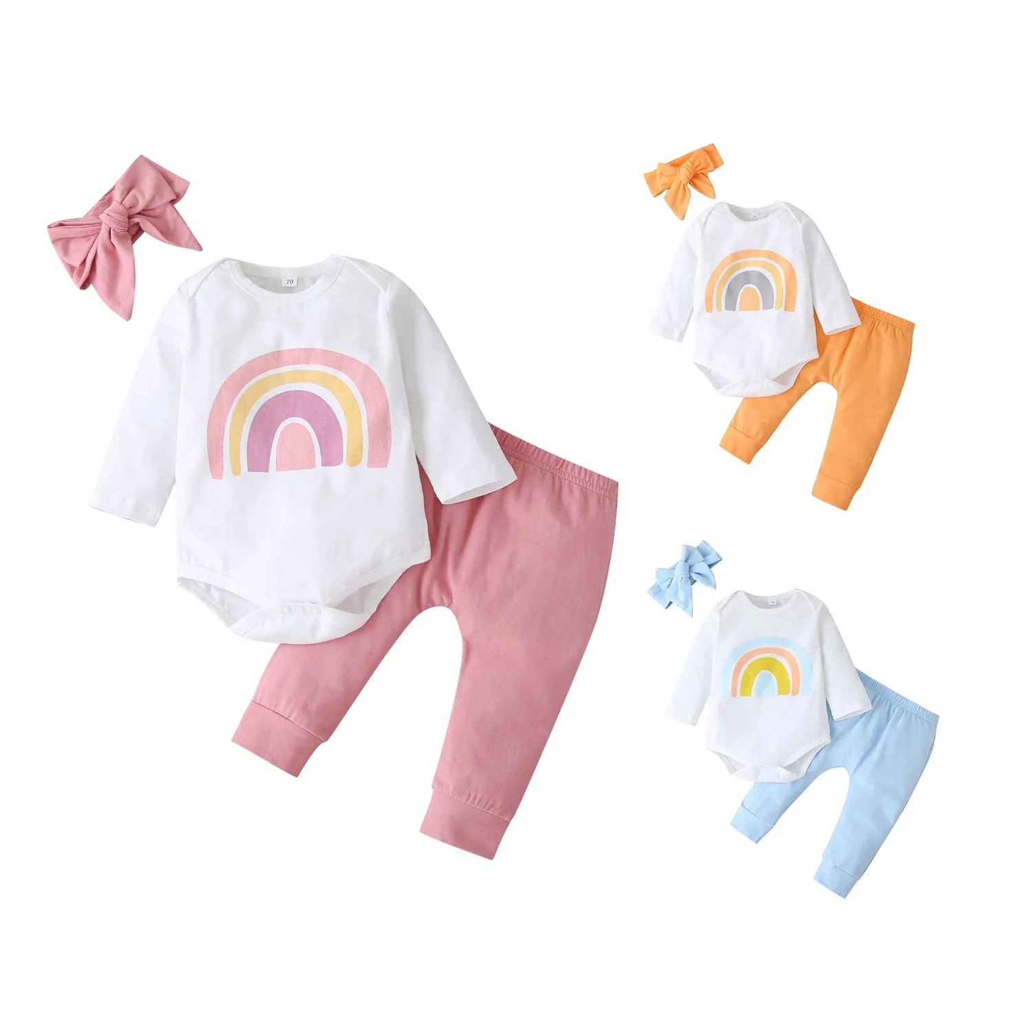 

2020 New Fall Autumn Newborn Baby Girls 3Pcs Set Lovely Rainbow Print Long Sleeve Bodysuit+Trousers+Headband Toddler Outfits