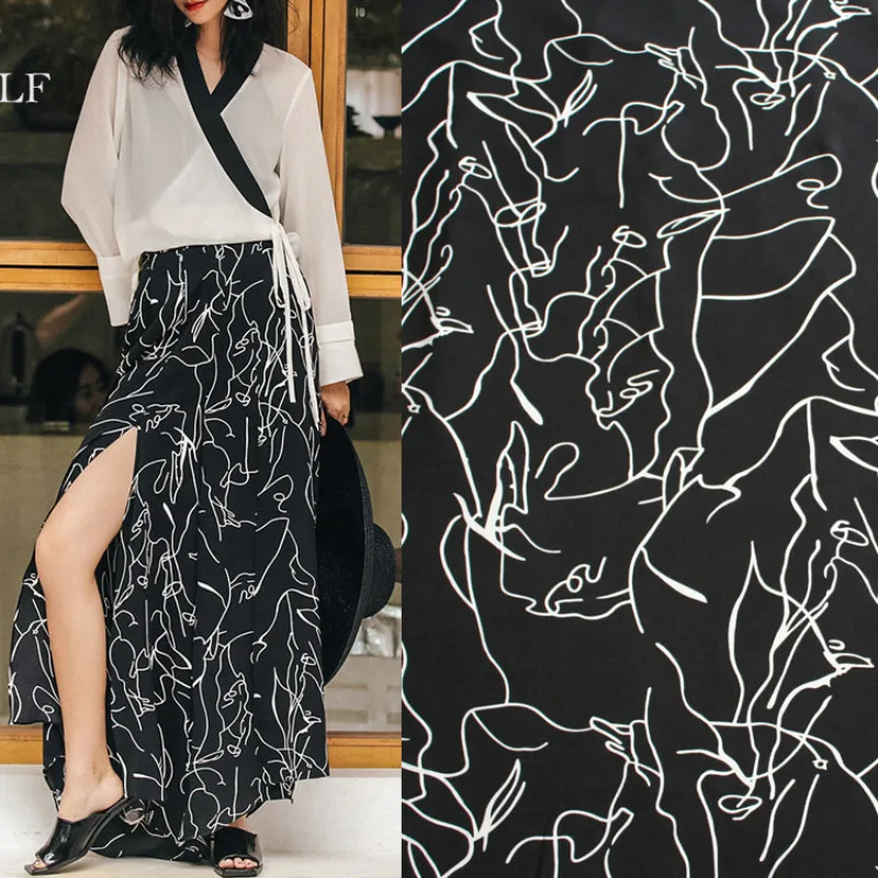 

half meter spring summer abstract line print true velour chiffon fabric for lady's garment leg-leg trousers no transparent T708