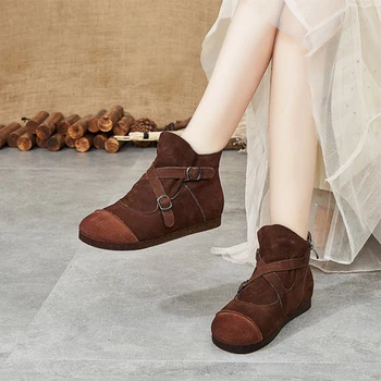 

Genuine Cow Leather Buckle Zipper Boots Shoes For Women Flat With Winter Handmade Footwear Sneaker Boots Retro Handmade 2019