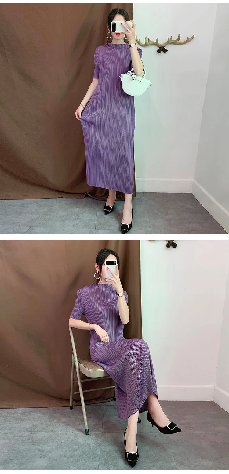 Miyake/плиссированное платье в японском стиле, прямые тонкие платья с коротким рукавом простой однотонный воротник-стойка, платье до середины икры для женщин, большие размеры