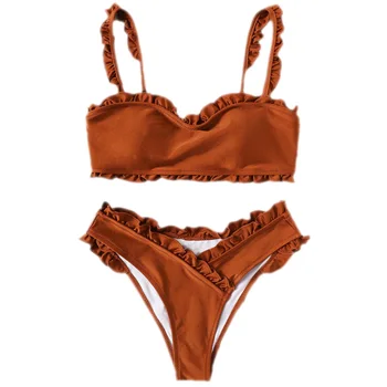 

Frill Trim Top With Wrap Bikini Set Adjustable Straps Swimsuit Women Summer Beach Party Swimwear
