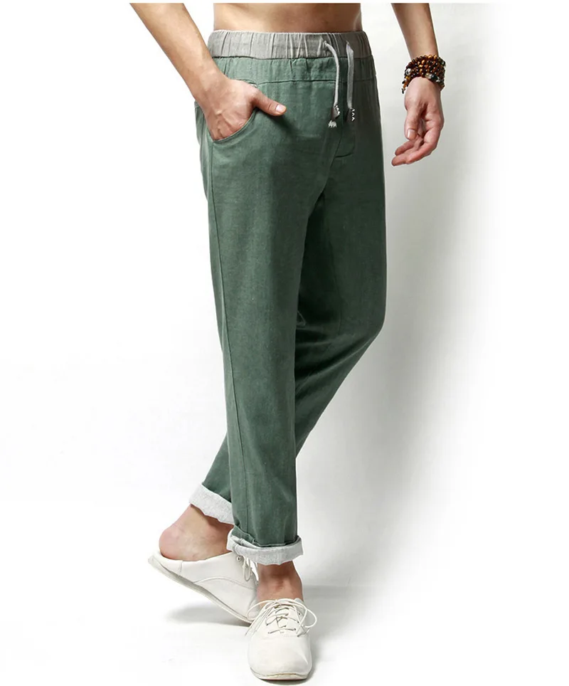 Army green Красивые весенне-летние брюки для отдыха из 111% льна и хлопка, мужские брюки с эластичной талией, прямые льняные мужские повседневные брюки - Цвет: Army green