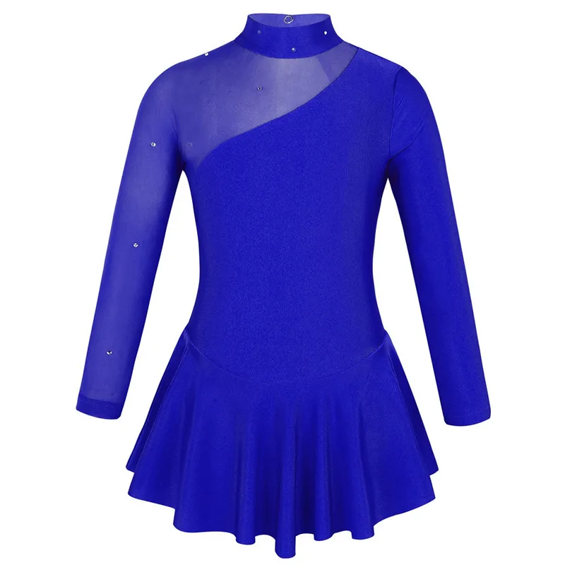 Royal Blue Kids Teens Rhinestones Tulle Long Sleeves Ballet Gymnastics Leotard Girls Performance Lyrical Dance Costume Figure Skating Dress - Цвет: Royal Blue