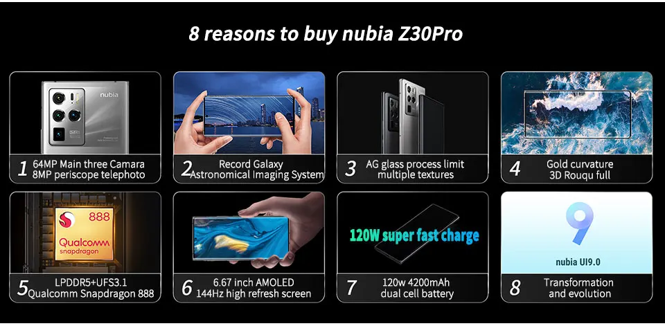 gaming ram ZTE Nubia Z30 Pro 5G Mobile Phone 6.67'' AMOLED 144Hz Flexible Curved Screen Snapdragon 888 Octa Core 120W SuperCharge 5G Phone 8gb ram ddr4