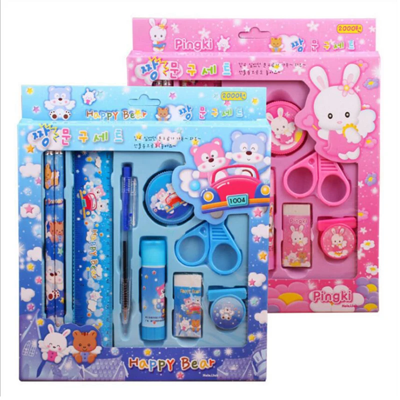 

1set Cartoon Pencil Ruler Earser Sharpener 9 In 1 Stationery Set for Kids Gift School Children Student With Mold and Pen Holder