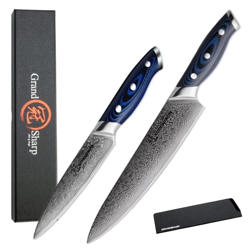 

GRANDSHARP Damascus Knife Set 2 pcs Damascus Japanese Knives VG10 Steel Chef Utility Knives Cooking Tools Kitchen Chef Knives