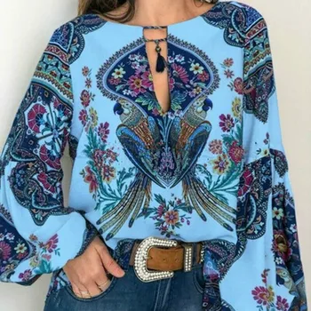 

Women Vintage Boho Floral Long Lantern Sleeve Oversize Blouse 2019 Summer arrival Chiffon Tops
