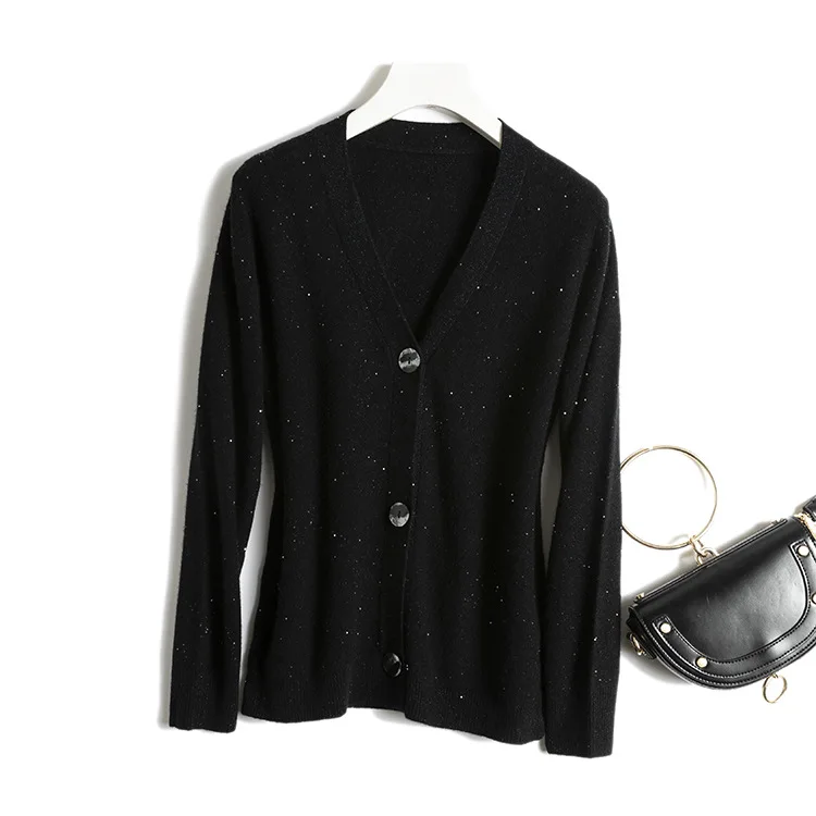 

Sequined V-Neck wool sweater women Office Lady Single Breasted Solid korean fashion white cardigan women winter sweater clothes