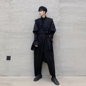 

New Man Women Fashion Dark Black Streetstyle Hip Hop Gothic Ankle Length Pants Stage Clothing Men Loose Casual Harem Bib Pant