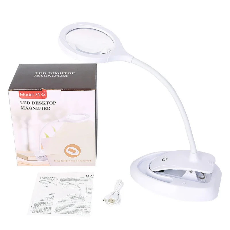 

5X White Folding Magnifier Table Clamp Illuminated Lamp Magnifying Glass Reading/Rework/Soldering Clip-on Table Top Desk Large