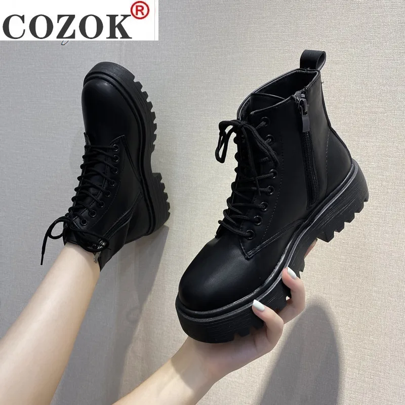 

2021 Winter Women Boots Fashion Lace-up Mid-heel Ankle Boots Round Head Chunky-Heel Square-Heel Women's PU Boots Zapatos Mujer