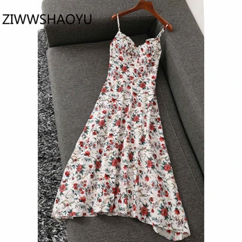 

ZIWWSHAOYU Women Summer Floral Print Ruffles Cotton Spaghetti Strap Dress Runway Designer Ladies Backless Vintage Midi Dresses