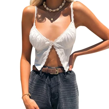 

Women Spaghetti Strap Ruched Camisole Crop Tops Split Lace V-neck Sleeveless Camis Female Summer Sexy White Fashion Ladies Tank