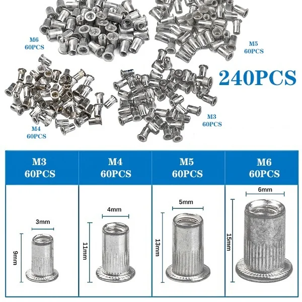

240PCS M3/M4/M5/M6 Rivet Nut Aluminum Rivnut Flat Head Threaded Rivet Insert Nutsert Cap Rivet Nut Assorted kit