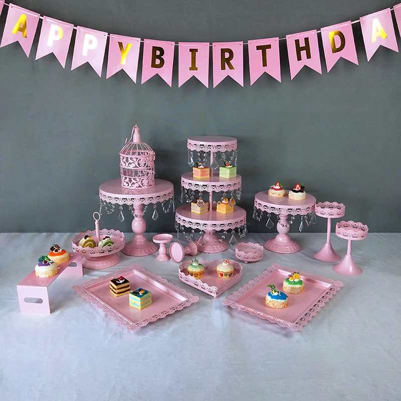 pink 14pcs Розовый металлический железный стеллаж для выпечки Resuable десерт торт подставка для свадьбы День рождения украшения держатель - Цвет: pink 14pcs