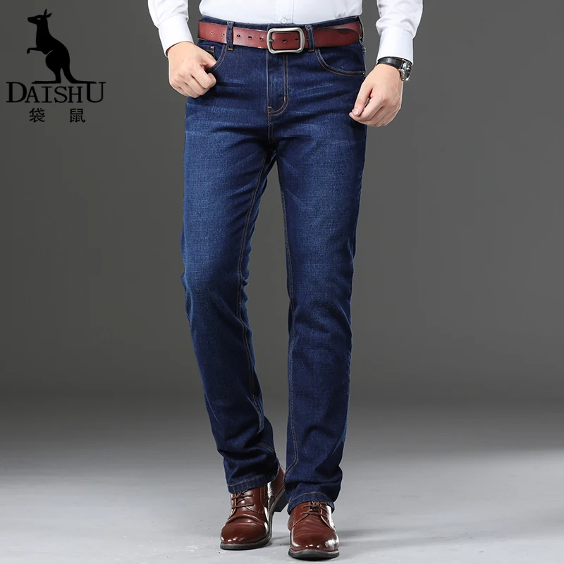 

DAISHU 2019 Autumn Spring Mid Waist Men Casual Denim Jeans Stretch Pants Solid Straight Not Fade Male Street Skinny Pant