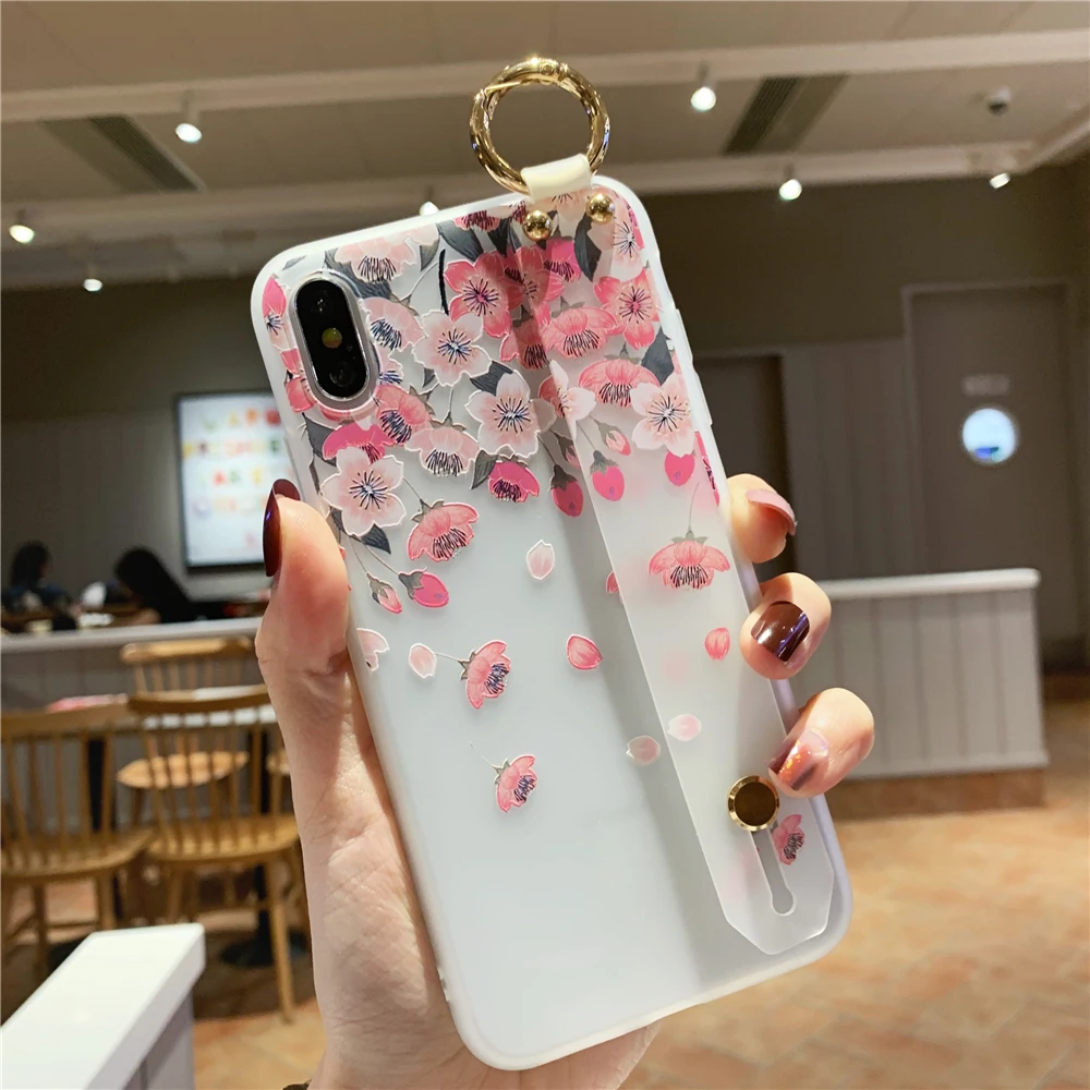 13 pro max case For iPhone XR Xs 12 11 13 Pro Max Case Soft Flower Pattern Phone Holder Cover for Apple 7 Plus 6 6S 8 SE 2 TPU Wrist Strap Case best case for iphone 13 pro max