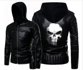 

Men's Punisher Taro leather hooded jacket punk double zipper hooded leather motorcycle leather jacket