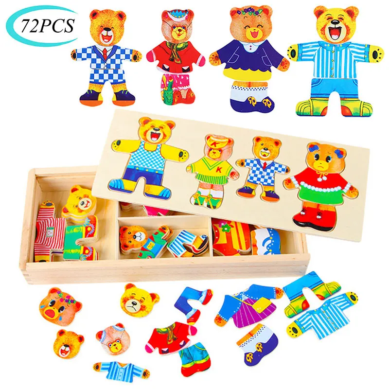 72PCS Children Early Education Puzzle Bear Change Clothes Wooden Puzzle Toys DIY Dressing Montessori Benefits Wisdom Toys