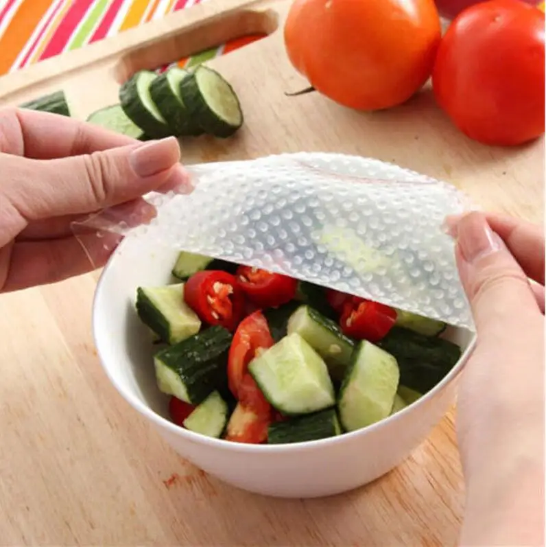 

Clear Reusable Silicone Food Wraps Seal Cover Stretch Multifunctional Food Fresh Keeping Saran Wrap Kitchen Tools