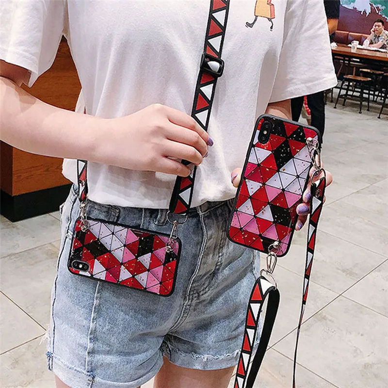 

For iphone 11 pro max 7 8 6 6s plus XR XS MAX X case cover glitter bling grid shoulder strap tpu+pc phone bag capa fundas
